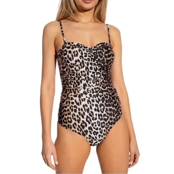 NWT Ganni Size 40 US 8 Savannah Leopard Swimsuit One Piece Removable Pads Ruched - Picture 1 of 10